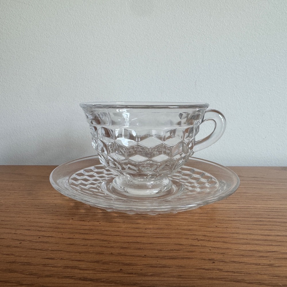 Fostoria American‎ Clear Glass Footed Tea Cup and Saucer Set Vintage